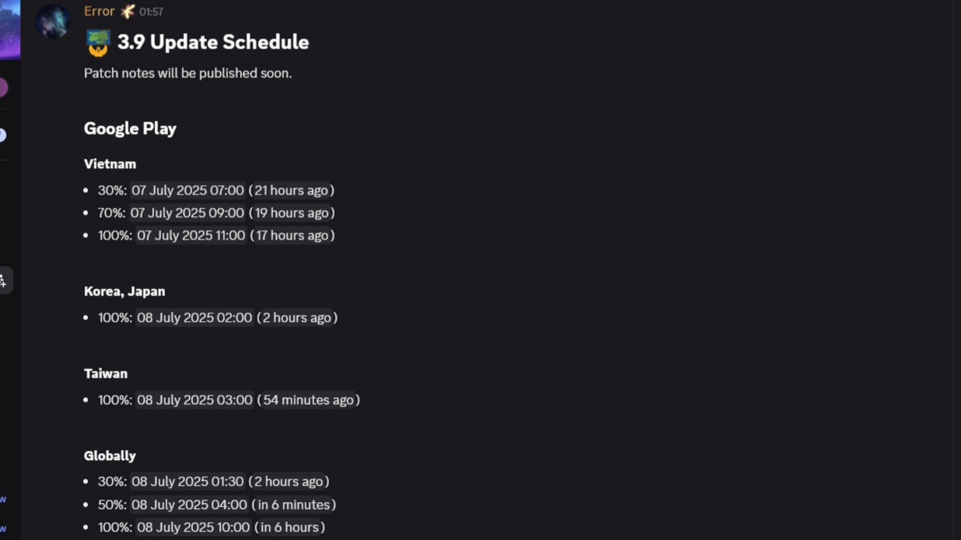 Snippet showing 3.9 update release date and timings for Google Play Store (Image via Discord/PUBG Mobile)
